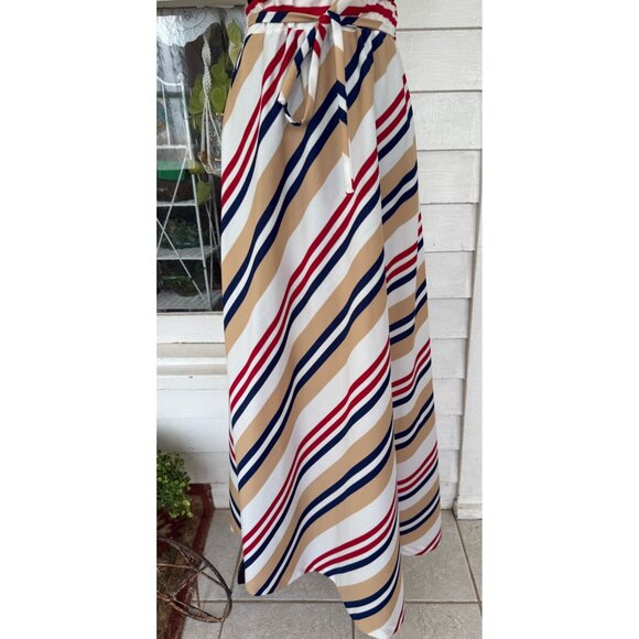 Vintage 70's Stripe MOD Maxi Skirt Chevron Stripe Blue Tan Red Size S-M - Picture 9 of 11